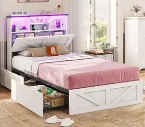 AOGLLATI Farmhouse Twin Size Bed Frame with Bookcase Storage Headboard, Charging Station, LED Lights, 4 Drawers & Barn Door Design, No Box Spring Needed, No Noise, White (Mother's Day Gift Option)
