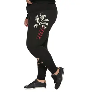 A Nightmare On Elm Street Women's Freddy Leggings Above the Ankle Rock Style Spandex Cotton Bottoms All Seasons Black with Freddy Krueger Silhouette and Slash Detailing Womenswear