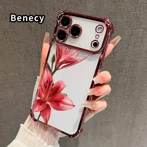 Pink lily grace Pattern Phone Case for iPhone 17 16 Pro Max 15 Plus 14 13 12 11 E Air Electroplated Cover with Airbag Shockproof Soft Silicone Casing