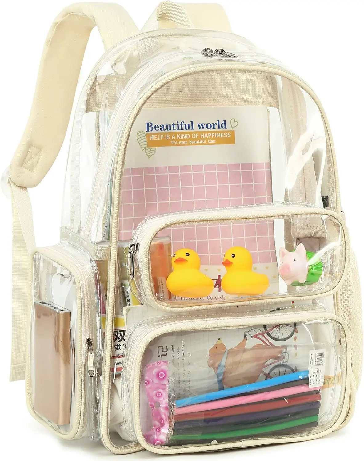 Clear Backpack Heavy Duty Transparent Bag for Stadium Events See Through BookBag for Student School Work Festival Sport Travel (Beige)