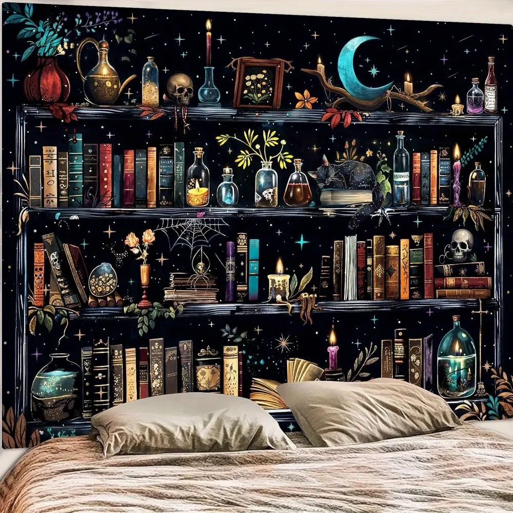 2D Flat Magic Bookshelf Tapestry Magical Witchy Potion Dark Hippie Haloween Tapestries Wall Hanging Gothic Skull Black Cat Library Book Tapestry for Bedroom Living Room Dorm