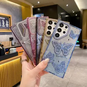Fin Butterfly Glitter Phone Cases For Samsung Galaxy S25 Ultra S24 S23 Rhinestone Back Cover