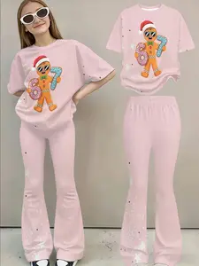 Star Sequins Printed Set, Donut Gingerbread Man Number Short Sleeve Bell Bottom Two-Piece