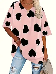 Women's Casual Loose Fit Short Sleeve Top, Summer Heart Pattern Design, Perfect for Daily Wear & Valentine's Day
