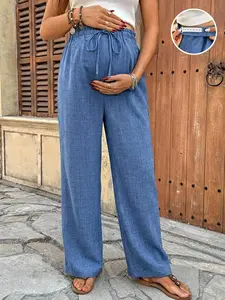 Maternity Solid Color Knotted Casual Straight Leg Pants – Trendy Over the Belly Pregnancy Trousers | Soft & Breathable Wide Waistband Lounge Pants & Flattering Elastic Tie-Front Knotted Slacks | Elegant Everyday Comfortable Maternity Bottoms