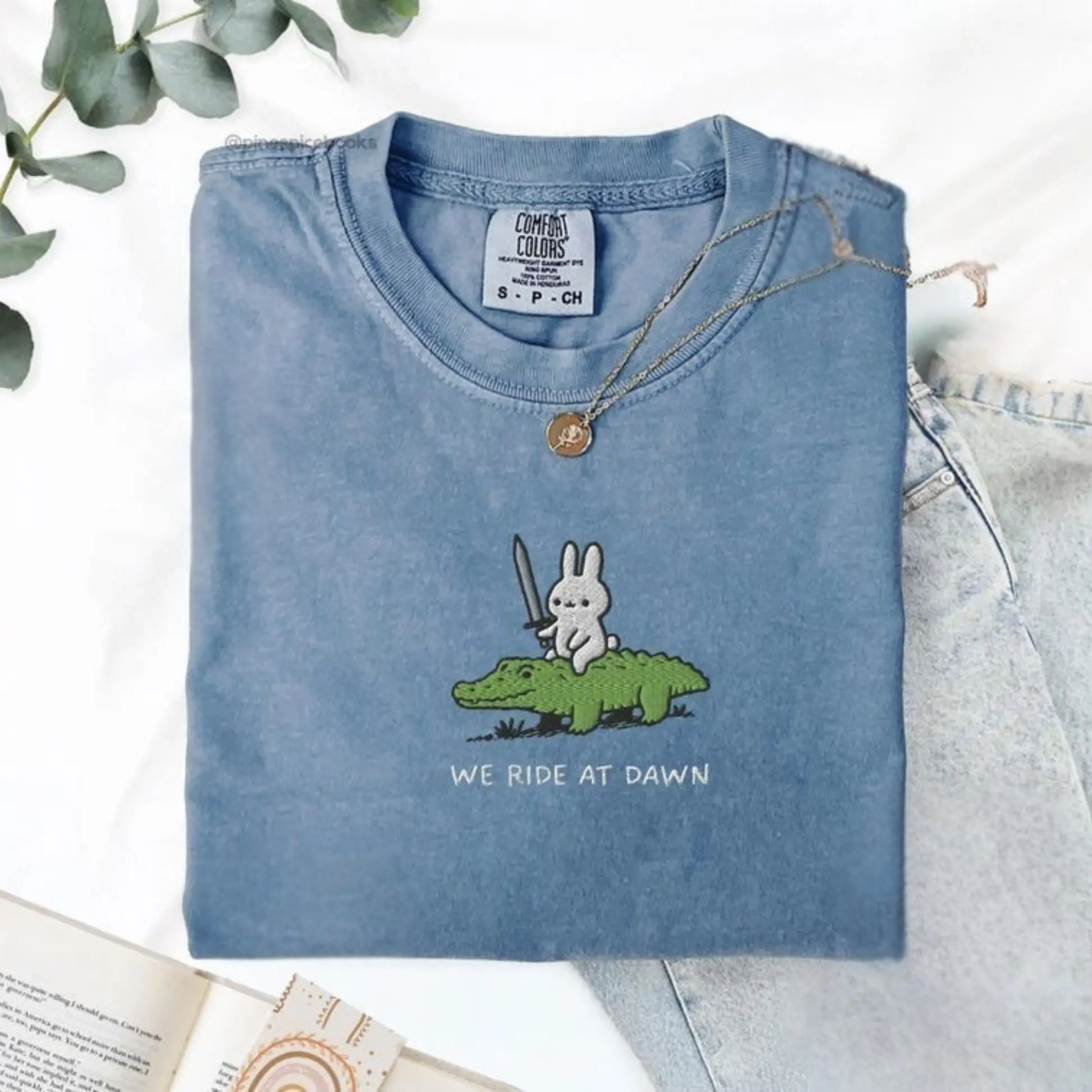 [MADE IN US] We Ride at Dawn T-Shirt, Bunny and Alligator Embroidered Tee, CC 1717, Funny Ren Faire Shirt, Whimsical Animal Top