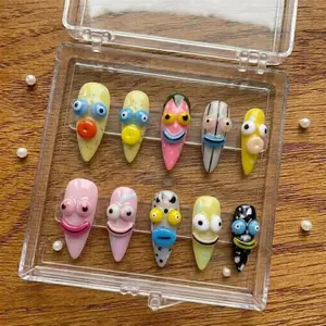 Quirky 3D Monster Face Press On Nails | Y2K Kidcore Stiletto Shape | Abstract Comic Art Nail | Handmade 3D Gel Nail | Funky Harajuku Nail