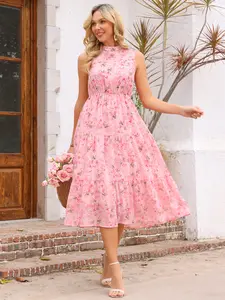 INSPIRE CHIC Women's Floral Dresses Summer Sleeveless Sundress Mock Neck Tiered Flowy A-Line Midi Dress