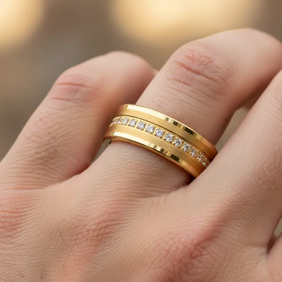 Yellow Gold Tungsten Wedding Band 8mm Tungsten Men's Engagement Ring Round CZ Inlay Anniversary Band Free Engraving Men's Eternity Band