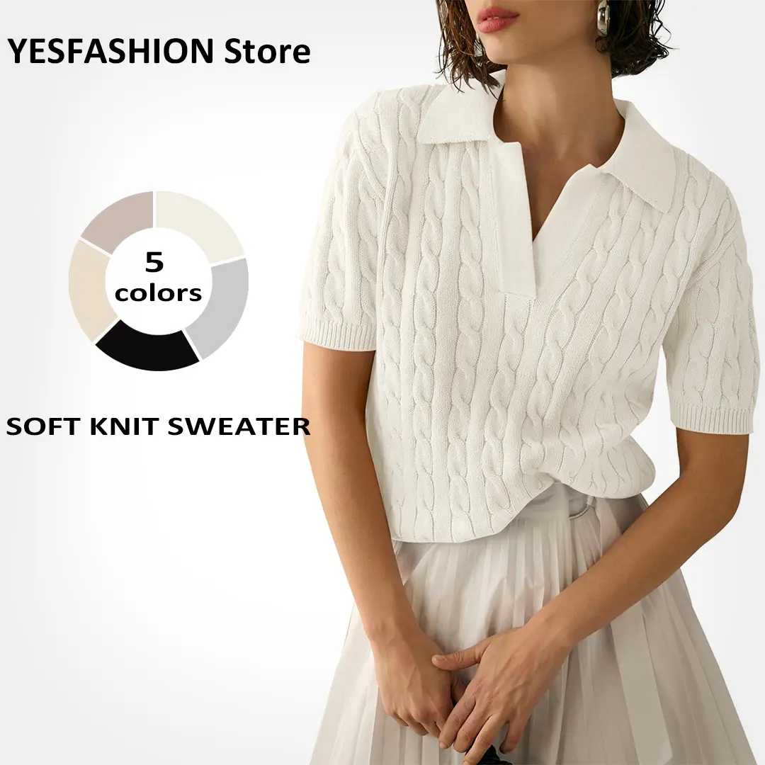 YF Solid Twisted Cable Textured Polo Neck Knit Shirt Rib Cuff Short Sleeve Relax Fit Pullover for Ladies Minimalist Korean Casual Street Wear Breathable Knitwear Womenswear Blue Denim Elastic Elegant Fitted Flat Jacquard Tops