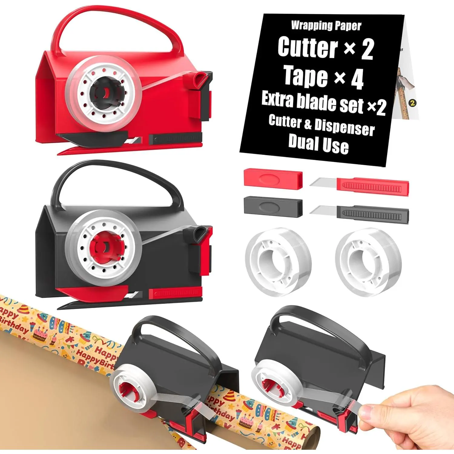 (2-Pack) Wrapping Paper Cutter & Tape Dispenser Dual Use with 4 Tapes，2 Replace Blades Kit for Christmas Gift Wrap Cutter Tool Paper Roll Holder Tube Sliding Slicing for Birthday Holiday.