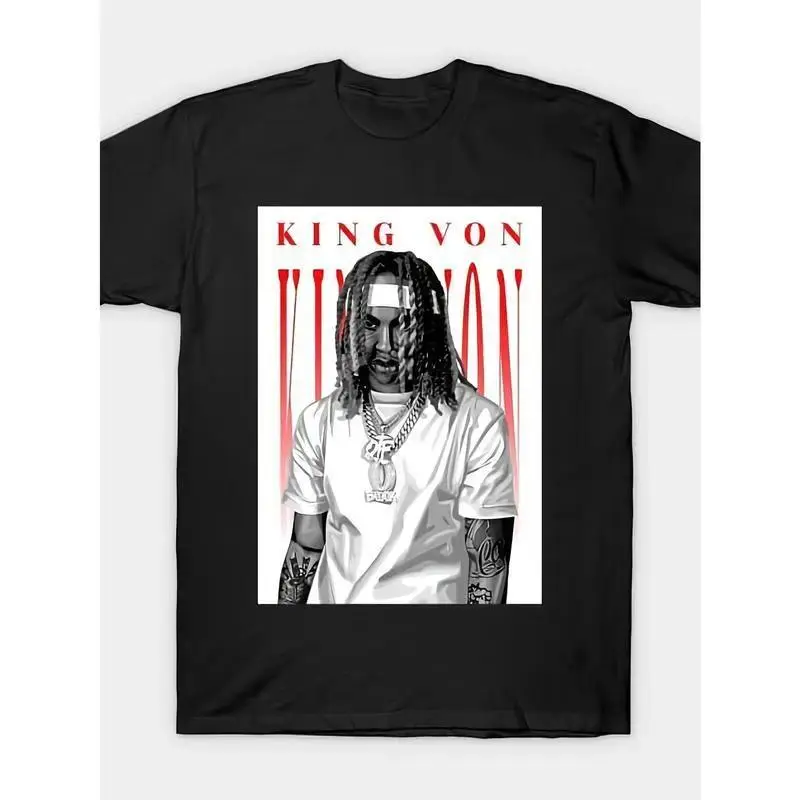King Von Graphic T-Shirt - Retro Style, Black with White Design, Comfortable Round Neck Short Sleeve Tee, Perfect for Birthdays or Valentine'S Day, Casual Wear Tshirt  Round Neck Tee  Knitted Fabric Cotton Menswear Soft Top Embroidered Fitness Natural