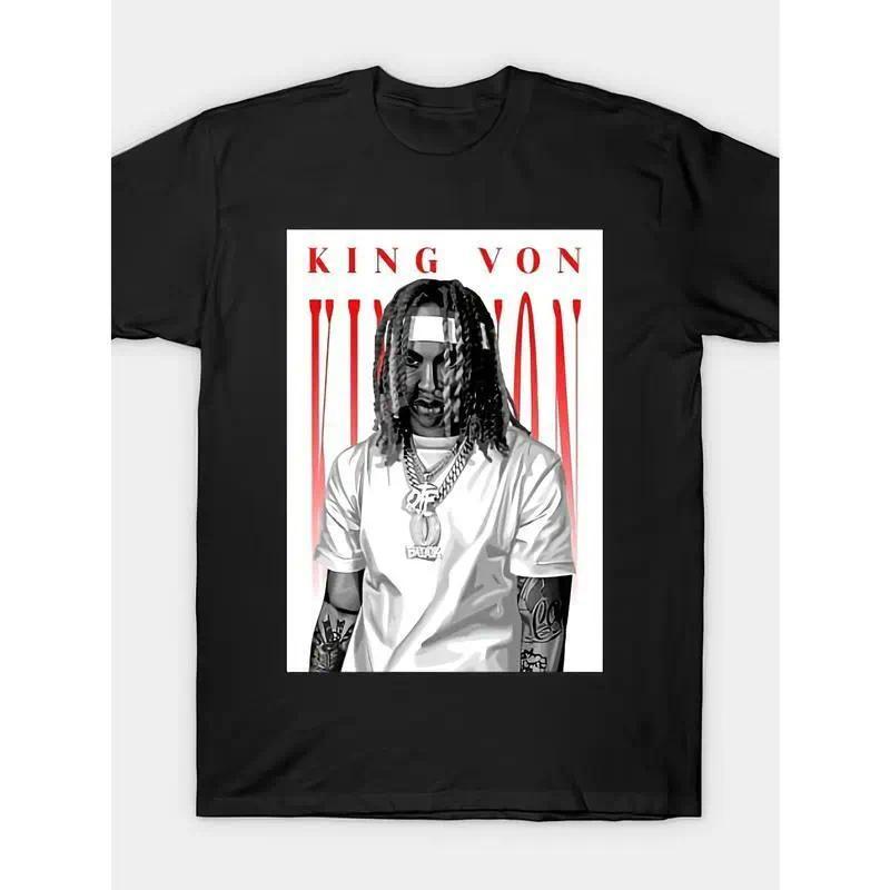 King Von Graphic T-Shirt - Retro Style, Black with White Design, Comfortable Round Neck Short Sleeve Tee, Perfect for Birthdays or Valentine'S Day, Casual Wear Tshirt Round Neck Tee Knitted Fabric Cotton Menswear Soft Top Embroidered Fitness Natural