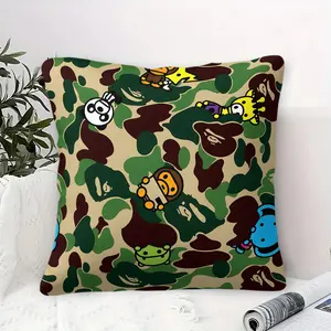 BAPE Abc Camo Theme Plush Cushion 1 Pc with Insert, 45cm Square Pillow Zipper Closure, Ape Head Derivative Image & Panda Shape, Soft & Cozy, Perfect for Bedroom & Sofa Use, Street Style Home Decor, Creative Decorative Cushion