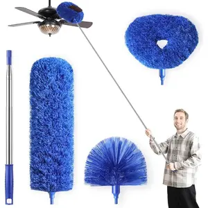 Microfiber Duster for High Ceiling Fan Blades, Cobweb with Extension Pole Adjusts 15-82 Inch, Reusable Cleaning Duster Kit with 3 Duster Heads for Wall Blinds Door Furniture Bookshelves (Blue)