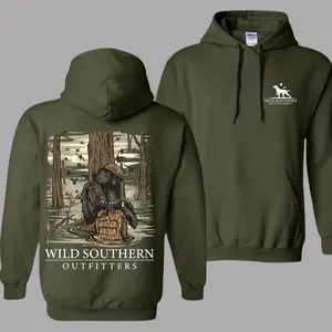 Wild Southern Duck Hunting Hoodie for Dog Dad, Retro Waterfowl Hunter Graphic Hoodie for Men, Outdoor Hunting Trip Outfit, Gift Idea