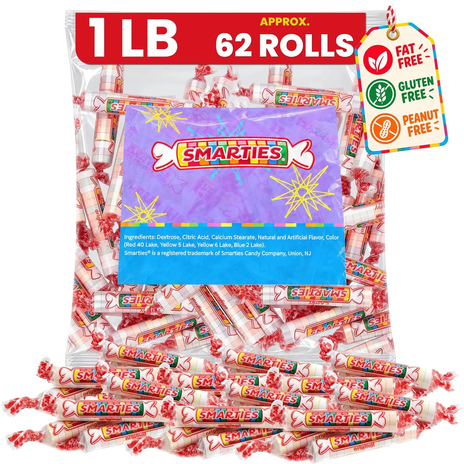 Smarties Candy Bulk Rolls Original Flavor, Gluten & Vegan Free, Classic Sweetness from Family Owned Company Since 1949, Peanut-Free & Dairy-Free, Perfect Halloween, 1 lb Bag,Snack,Bonbon