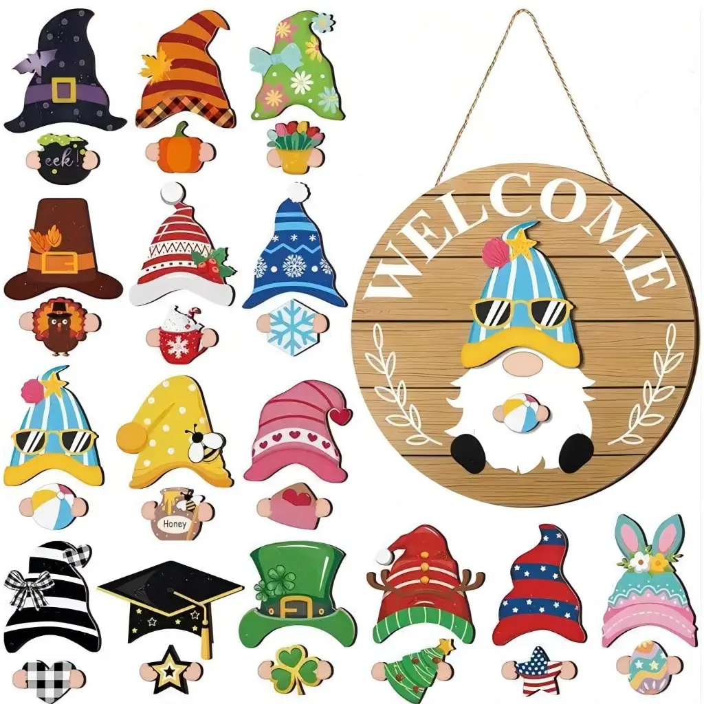 【Year-Round Home Decor】31Pcs Interchangeable Gnome Welcome Sign for Door Decorations, Wooden Gnome Sign with Magnet Detachable Hats and Hands, Magnetic, Festive Gnome Figures with Expressive Faces, Hanging Loop for Christmas, New Year, Easter
