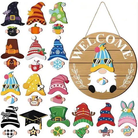 Year-Round Home Decor 31Pcs Interchangeable Gnome Welcome Sign Ornament for Door Decorations, Wooden Gnome Sign with Magnet Detachable Hats and Hands, Festive Gnome Figures with Expressive Faces, Hanging Loop for Christmas, New Year, Easter