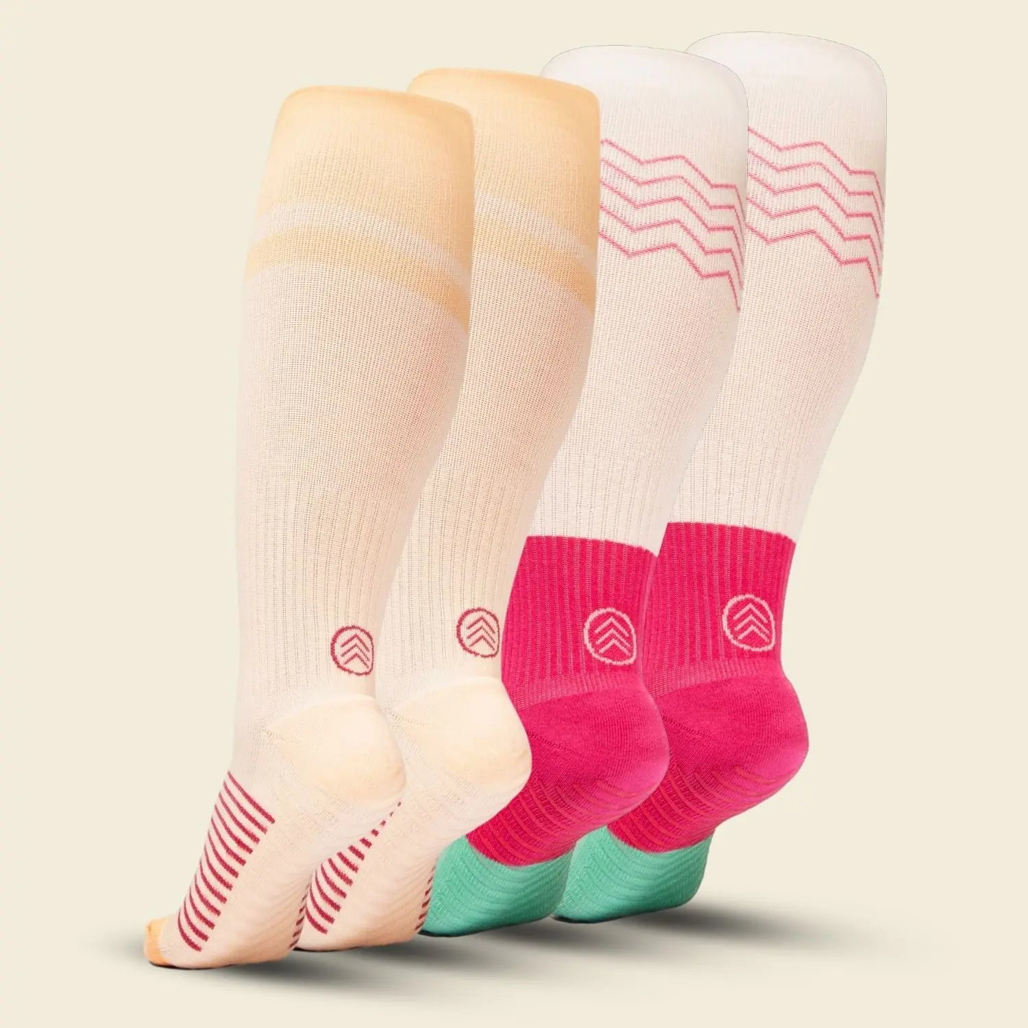 Women's Compression Grip Socks 4-Pack, Mix Orange Cream Pink Green