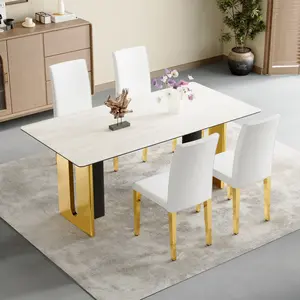 Set of 4 white PU leather backrest chairs with gold metal legs -A perfect match, suitable for minimalist and contemporary home decor styles, with product dimensions of 16.2*18.5*34.6 inches.