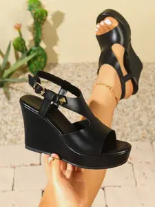 New Summer Wedge Sandals for Women, Waterproof Platform High Heel Roman Shoes, Fashionable Plain PU Leather Slippers