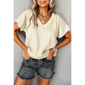 Apricot Crinkled V Neck Wide Sleeve Shirt