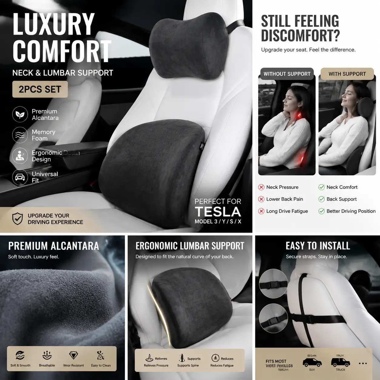 Alcantara Car Neck Pillow & Latex Lumbar Support Pillow Set, Ergonomic Car Seat Cushion Kit for Neck and Back Support, Premium Memory Foam Headrest Pillow for Tesla Model 3/Y and Most Vehicles