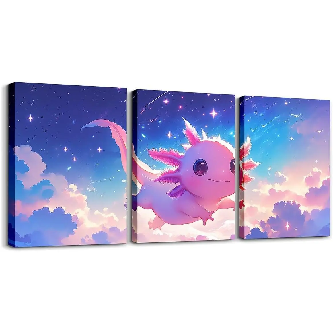 Feelyou 3-Piece 12"x16" Cute Axolotl Print Wood Framed Canvas Wall Art - Hanging Decoration, Cartoon Salamander Galaxy Sealife Art Illustrations, Animal Lover Hanging Decor for Halloween Bedroom Gift