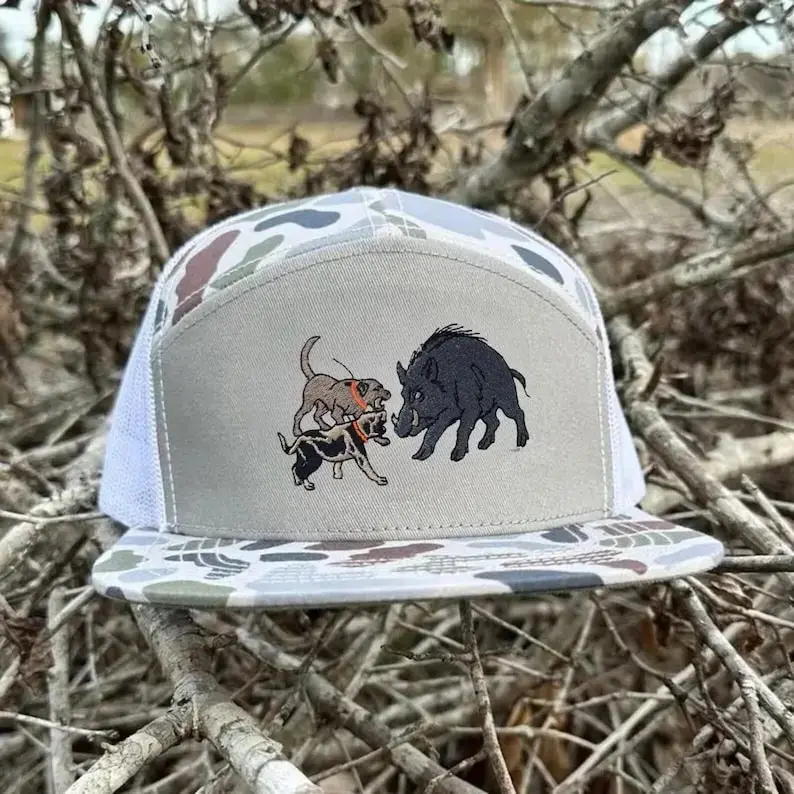 [ Best 2026 ] Hog Hunting Dogs Embroidered Camo Trucker Hat Wild Boar Hunting Mesh Snapback