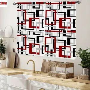 2D Flat 2Pcs Geometric Abstract Pattern Curtains with Black Red White Gray Squares, Modern Minimalist Style, Room Divider Decor, Vibrant Art Design, Durable for Living Bedroom Home Office Cabinet Decoration
