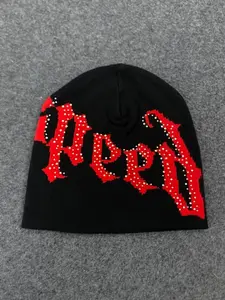 European and American street punk trend jacquard rhinestone knitted hat hip-hop casual retro versatile fashion cold hat Fitted Beanie Rhinestone Accents Cold Weather Ready