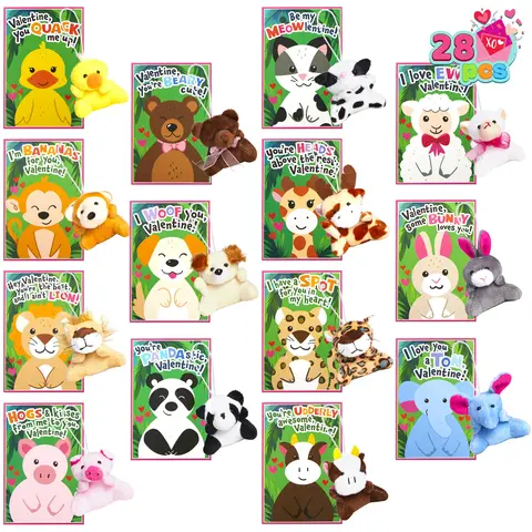 JOYIN 28 Pack Valentine's Day Gifts Cards for Kids with Animal Plush Toy Key Chain Stress Relief Fidget Toy for Classroom Exchange Cards and Kids Party Favor