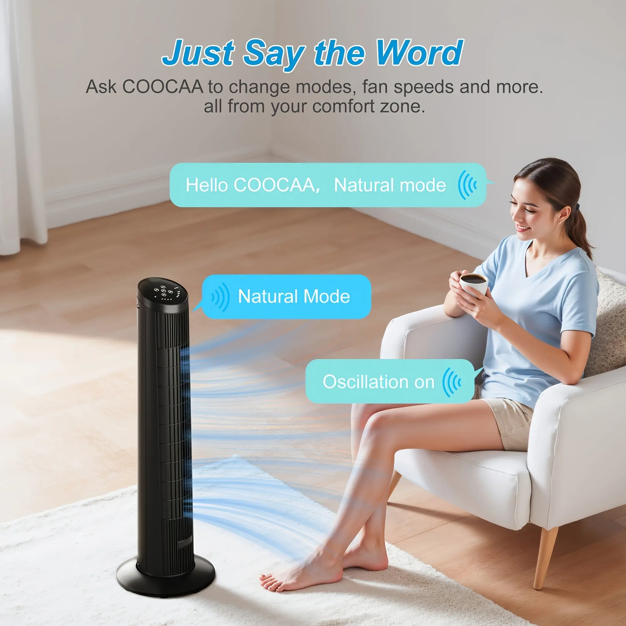 Smart AI Voice Tower Fan with 3 Speeds And 3 Modes, Powerful Airflow And Strong Cooling, Ultra Quiet Low Noise, Voice-Controlled Floor Fan for Bedroom Home Office