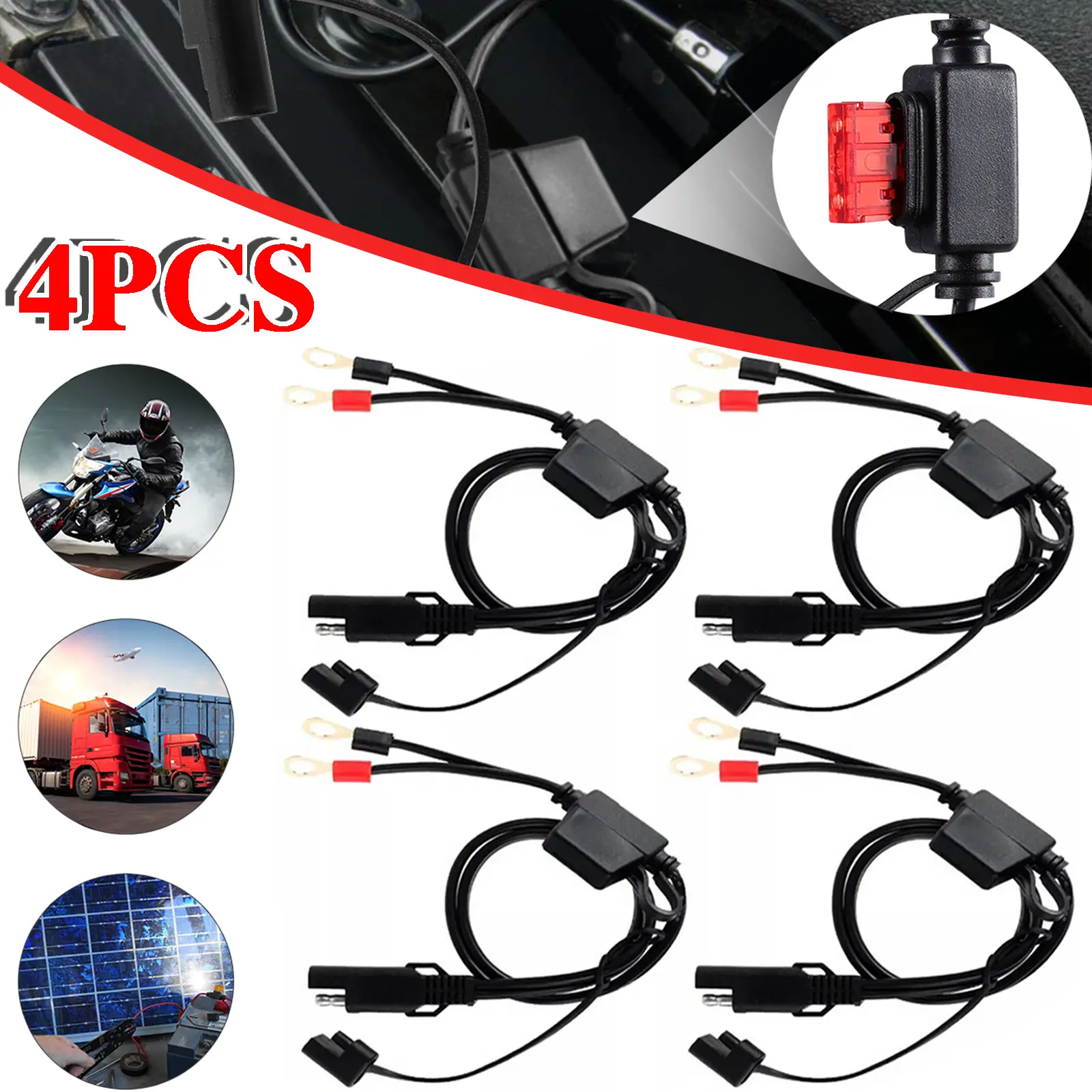 4PCS SAE Battery Connector Cable 2-Pin Ring Terminals Harness 12V-24V Motorcycle Battery Charger & Solar Extension