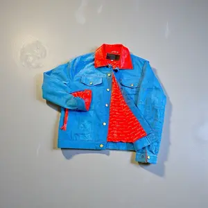 Size (L) One of One Signature Embossed Denim and Leather Satin Lined Jacket with Vibrant Red Lining and Distinctive Blue Denim