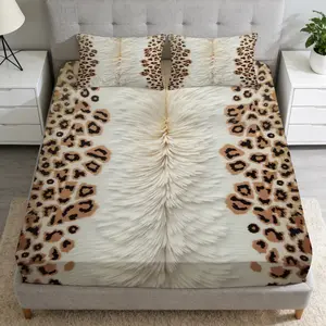 2/3 PCS Leopard Print Plush Texture Fitted Sheet Set,breathable 100% Polyester,high-definition Digital Printing,suitable For All Year Round Perfect Gift,suitable For Family,machine Washable(1 Fitted Sheet Set +1/2 Pillowcase,no Filling)