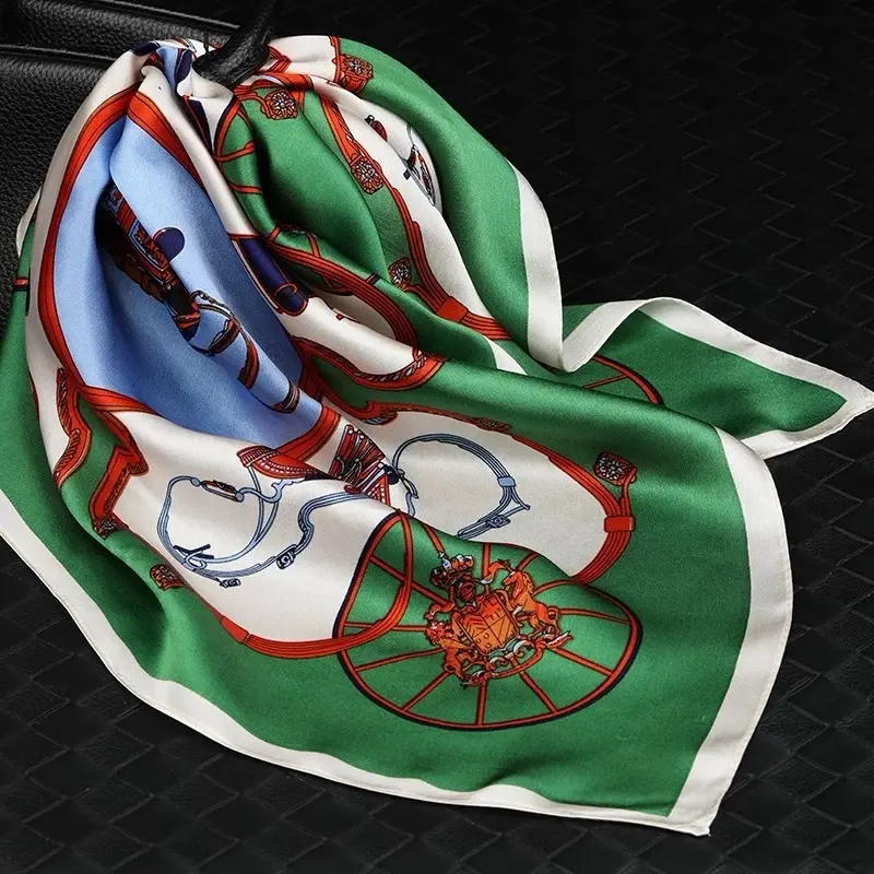 100% Silk Carriage Scarf Handbag Scarf with Green & White Design and Unique Patterns 20.8”x20.8”