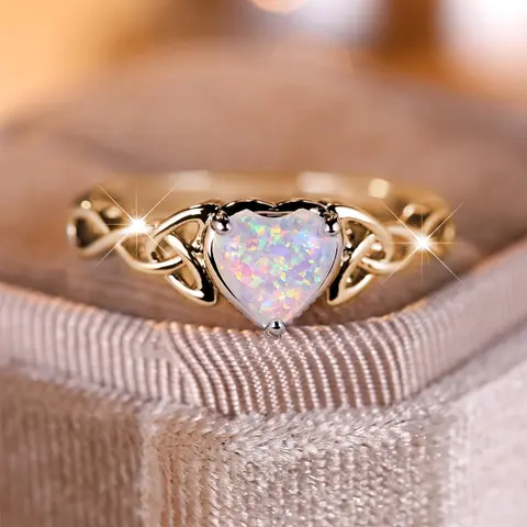 Women's 2-Piece Heart-Shaped Opal Stone Rings Set - Elegant Minimalist Layered Romantic Metal Coating Bridal Jewelry, Non-Traditional Engagement Promise Ring, Christmas Wedding Gift