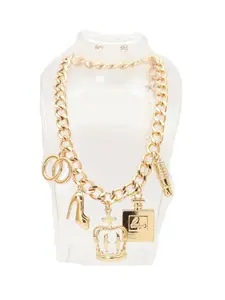NEW Women Gold Chunky Chain Charm Necklace And Rhinestone Stud Earrings Set   WN48