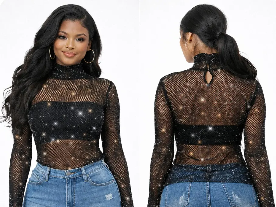 Women's Rhinestone Fishnet Mesh Mock Neck Long Sleeves Fashion Blouse - Stretchy, Sheer, Sparkling Lady Top, Chic Party Wear, Elegant Fit White Top, Do Not Wash