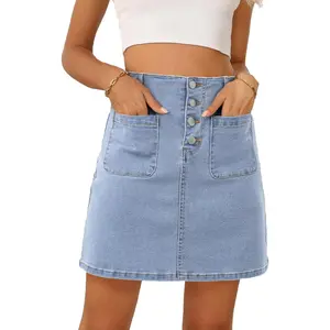 Sidefeel Women's Jean Skirt High Waist Summer Stretch Denim Skirt Button Knee Length Skirt with Pockets (Comfy & Non-See-Through)