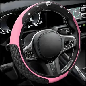 Bling Car Steering Wheel Cover, 15 Inch Diamond Crown Leather Auto Steering Wheel Protector, Sparkly Crystal Elastic Stretch Steering Wheel Cover, Car Accessories (Pink)
