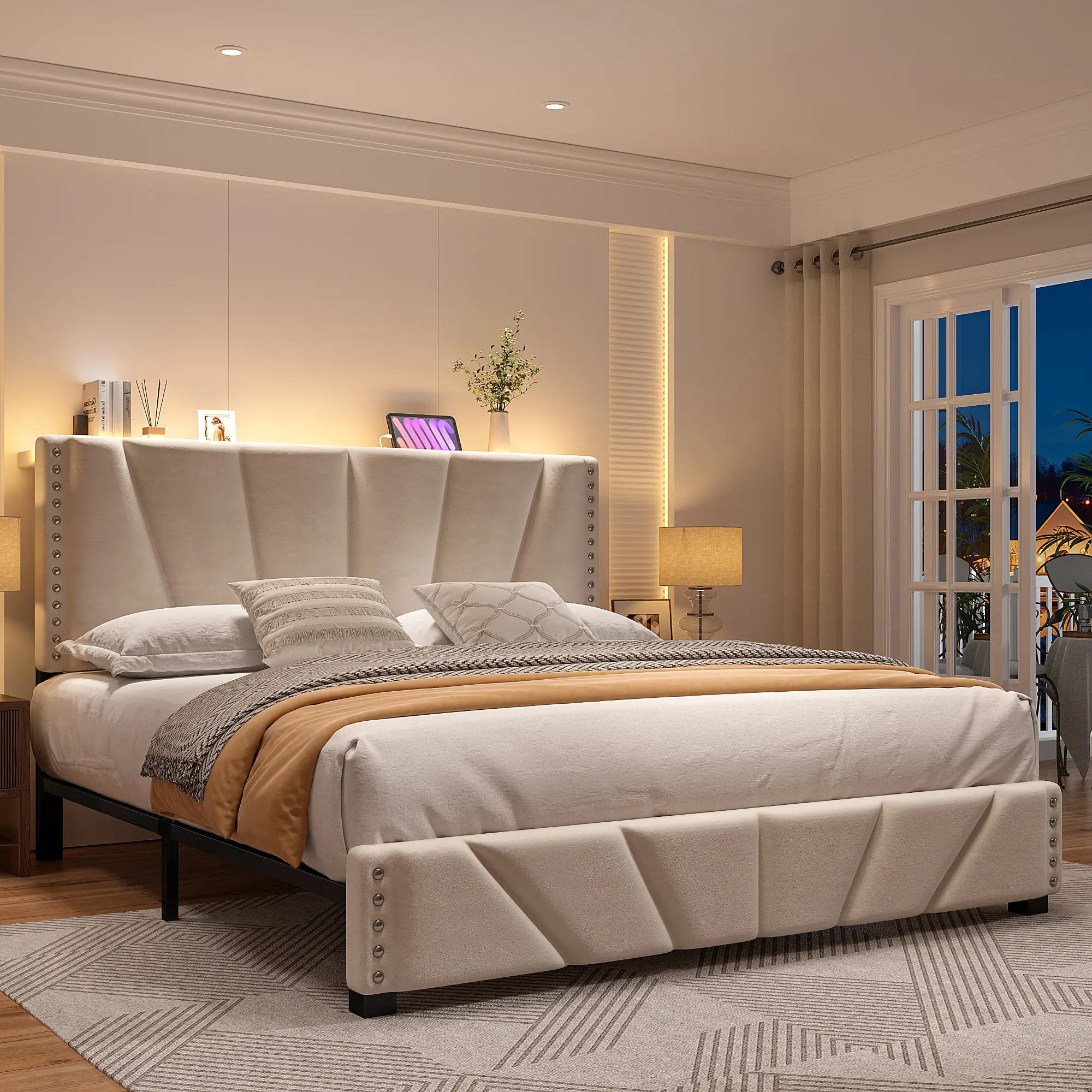 Raybee Furniture Queen King Size LED Bed Frame with USB Power Outlet, NO MATTRESS, Platform Luxury Upholstered Bed Frames with Volvet Adjustable Headb