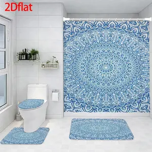 4-Piece Bathroom Sets Full Set Blue Mandala Pattern Four-Piece Curtain Set Elegant Decor Shower Bath funny Accessories U-Shaped floor Seat Cover Cushion Toilet Lid Rug Carpet Non-Slip  Shape Mat Gifts Style toilet waterproof