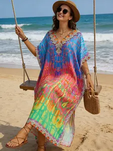 Rainbow Tie-Dye Long Cover-Up, Plus Size Loose Fit Swimwear Outerwear, Boho Style All-Over Print Vacation Sun Protection Shirt, Beach Cover Ups