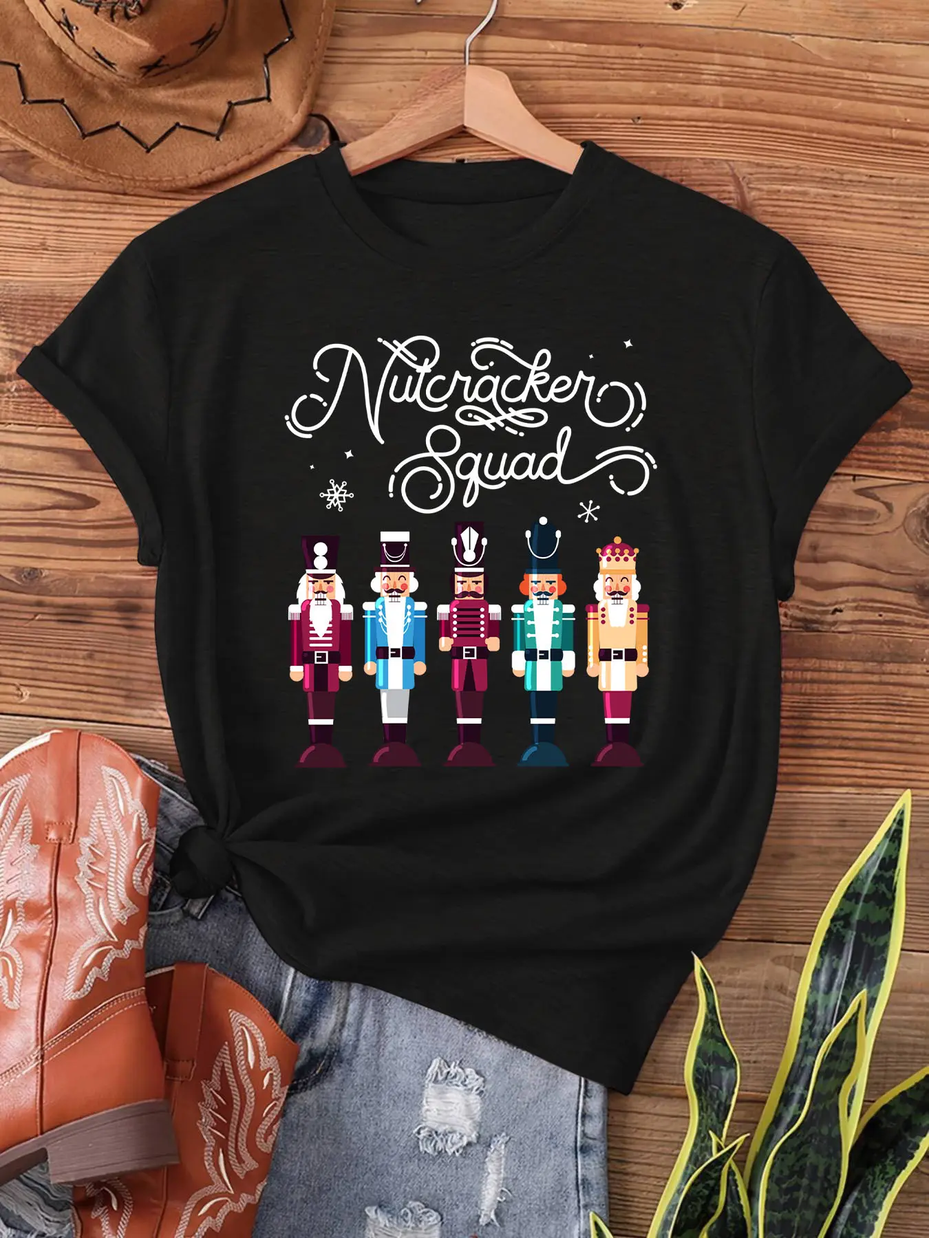 Y-White Text with 5 Christmas Nutcrackers Below, N unisex soft cotton short sleeve t shirt, vintage graphic casual tee for men women teens, perfect birthday holiday gift for camping travel gym daily street  wear