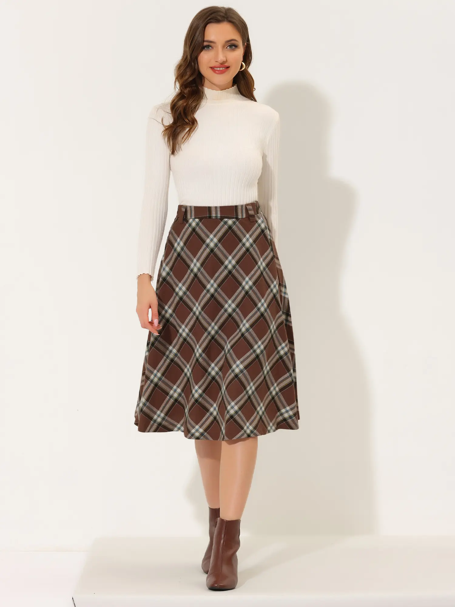INSPIRE CHIC Women's Christmas Tartan Plaid High Waist Belted Vintage A-Line Midi Skirt