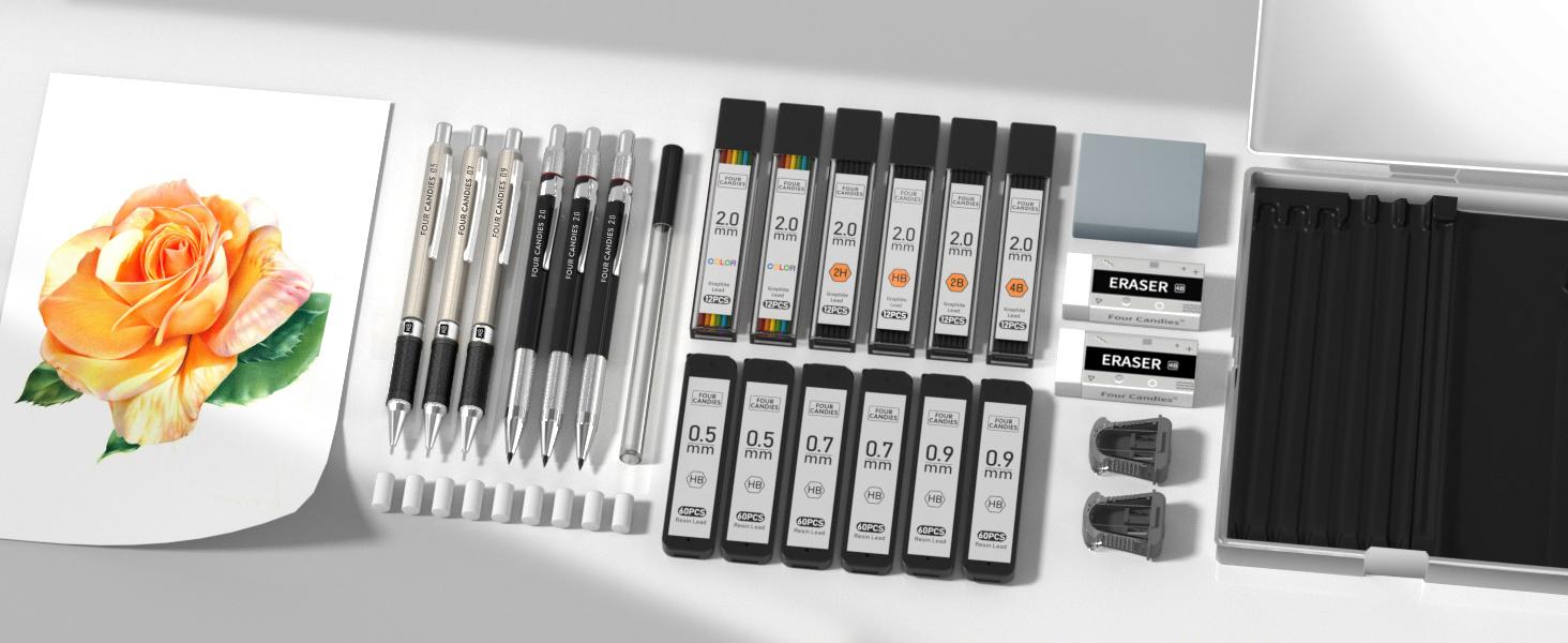 FourCandies 25PCS Art Mechanical Pencil Set with Case, 3PCS Metal Artist Lead Pencil 0.5, 0.7, 0.9 mm & 3PCS 2mm Lead Holder(HB 2H 2B 4B Color) with 432PCS Graphite Lead Refills for Drawing Sketching