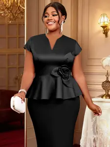 Plus Size Women Shiny Fitted Blouse Tops Party V Neck Peplum 3D Flower Birthday Event Pullover Wedding Guest Curve Ladies African New